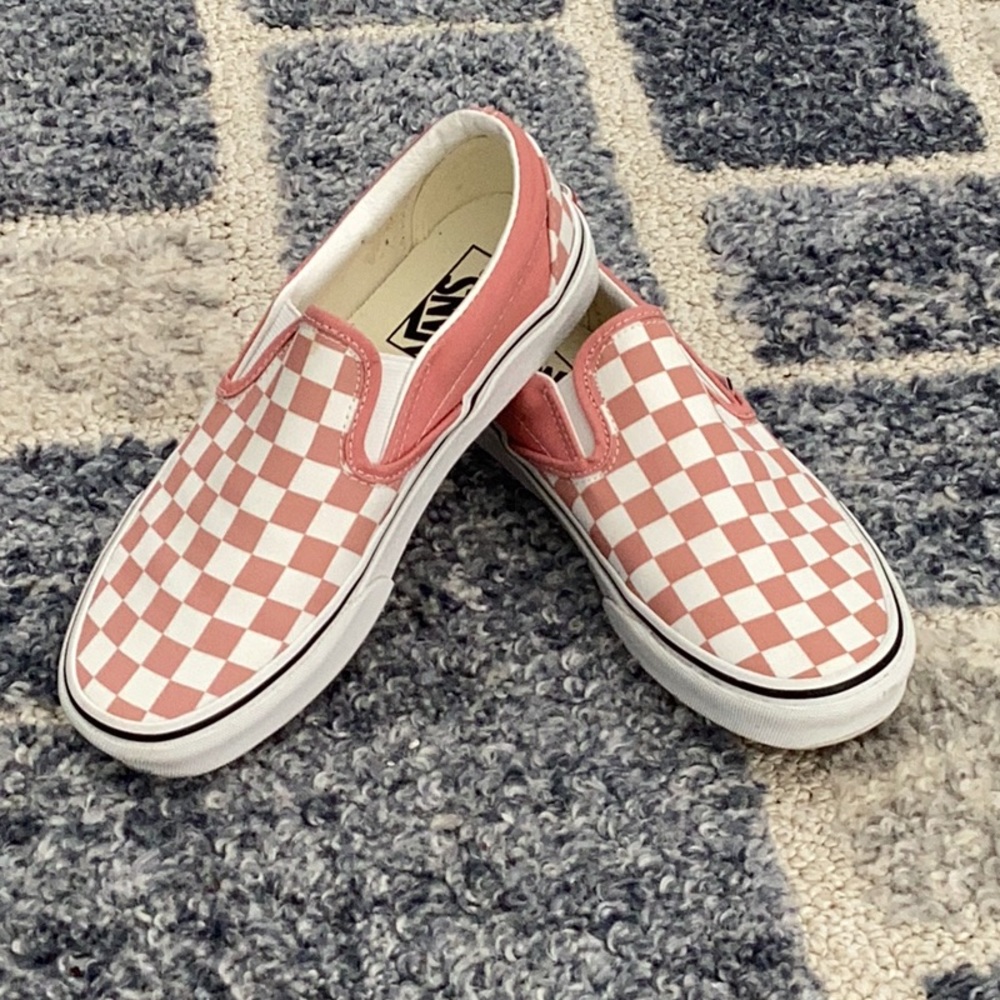 Brand New Vans Shoes in a soft rose pink and white checkered print.